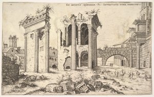 Vista de ruínas não identificadas com fachada trabeteada à esquerda, arcadas no centro e arco em r ..., 1551. de Hieronymus Cock