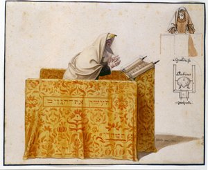 Aquarela, pluma, 27 x 33 cm. Rabino em sinagoga, desenho de Hieronymus Hess (1799 - 1850), projeto para estatueta. (JM 1190) Museu Judaico da Basiléia, Suíça. de Hieronymus Hess