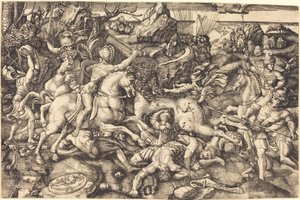 Combate entre cavaleiros e soldados de infantaria de Hieronymus Hopfer after Raphael