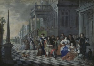 Personagens fazendo música na frente de um palácio, 1672