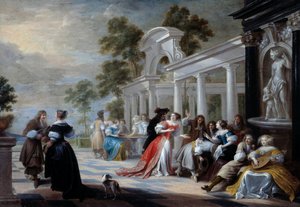 O jogo Mão Quente Jovens da nobreza flamenga jogando em um parque. Pintura de Hieronymus Janssens dit le Dancer (1624-1693) 17th Century Sun. 0,58x0,83 m