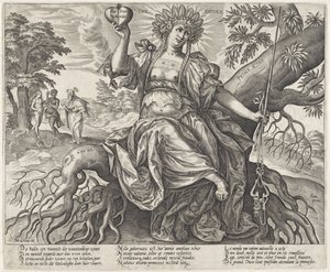 A Idade de Ouro: a lei da natureza
Prima Ætas (título sobre o objecto)
Personificações das três leis regem as três idades do mundo (título da série) de Hieronymus Wierix