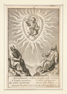 O Menino de Coração Flamejante entre Inácio de Loyola e Francisco Xavier de Hieronymus Wierix