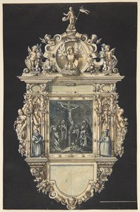 Esboço de um epitáfio com a crucificação de Cristo. Uma moldura ricamente ornamentada com inúmeras figuras de Hieronymus Wierix