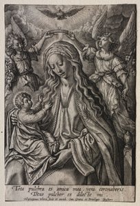 Virgem coroada por dois anjos. de Hieronymus or Jerome Wierix