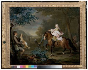 Um cavalheiro a cavalo com caçadores numa extensa paisagem de Hieronymus van der Mij