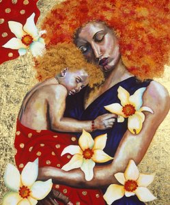 Mãe e filho, 2003 (óleo com folha de ouro a bordo) de Hilary Dunne