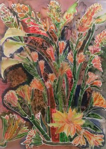 Calla Lillies com Tuber Roses (tintas coloridas em seda) de Hilary Simon