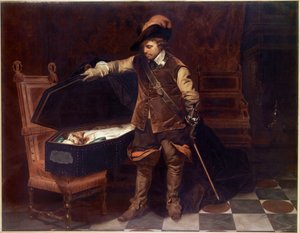 "Oliver Cromwell perante o caixão de Charles I Stuart (1649). Oliver Cromwell (1599-1658) impõe o julgamento do Rei de Inglaterra que será condenado e decapitado a 9 de Fevereiro de 1649. Pintura de Paul Delaroche (1797-1856)