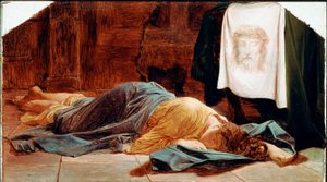 Santa Verónica A jovem está desmaiada perto do Santo Sudário. O Santo Véu representa o rosto de Cristo, cujo suor Verônica foi dito ter suado durante a subida ao Calvário. Pintura de Paul Delaroche (1797-1856) Sol do século XIX. 28x49 cm Pa