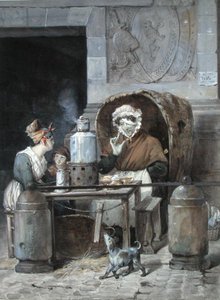 Vendedor de café na esquina da Porte Saint-Denis, 1830 (wc no papel) de Hippolyte Adam