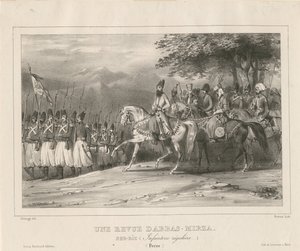 Prince, marechal-de-campo Abbas Mirza 1789-1833, inspeciona o regimento de infantaria, 1835