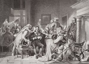 Charles I (1600-49), na sala de guarda insultado pelos soldados de Oliver Cromwell, de "Ilustrações da História Escocesa e Inglesa", Volume I de Hippolyte Delaroche