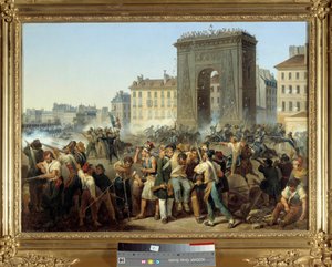 Batalha da porta Saint Denis 28 de Julho de 1830 Insurreição parisiense durante a revolução de 1830 ou Trois Glorieuses. Pintura de Hippolyte Lecomte (1781-1857). 1830. Dim. 0,43 x 0,60 m. Paris, Musee Carnavalet - Luta no Porte Saint Denis, 28 de julho de