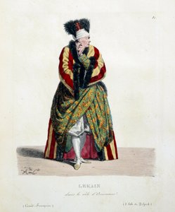 O ator francês Henri Louis Cain chamado Lekain ou Le Kain (1729-1778) no papel de Orosmane na peça de Voltaire no Zaire (1694-1746) na Comédia Francesa. Litografia de Hippolyte Lecomte (1781-1857) Coleção Privada do século XIX