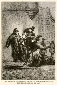 O seu cabelo todo em desordem, sem chapéu, derrubando os passantes, sobre ele correu, de "Volta ao mundo em oitenta dias" de Jules Verne (1828-1905) gravado por Louis de Hippolyte Leon (after) Benett