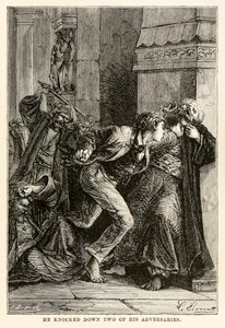 Derrubou dois de seus adversários, de Volta ao Mundo em Oitenta Dias, de Jules Verne (1828-1905), gravados por Louis Dumont (n.1822), 1873 de Hippolyte Leon Benett
