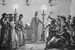 Assassinato ritual cometido pelos danitas, de acordo com as alegações dos oponentes mórmons, desenhado por Davi e gravado por A. Gusmand
