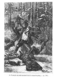 O francês foi capaz de achatar três deles com um soco, ilustração de todo o mundo em oitenta dias por Jules Verne (1828-1905) gravado por Henri Theophile Hildibrand (1824-97) 1873 (gravado de Hippolyte Leon Benett