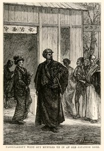 Passepartout saiu abafado em um antigo manto japonês, de Volta ao Mundo em Oitenta Dias, de Jules Verne (1828-1905), gravado por Louis Prevost, 1873