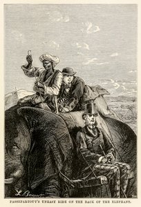 Passepartouts passeio incômodo na parte de trás do elefante, de todo o mundo em oitenta dias por Jules Verne (1828-1905), engrossado por Adolphe François Pannemaker (1822-1900) 1873