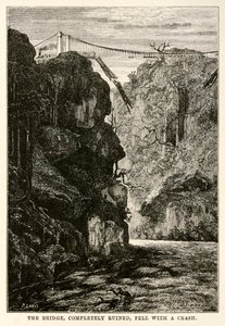 A ponte, completamente arruinada, caiu com um estrondo, de todo o mundo em oitenta dias por Jules Verne (1828-1905) gravado por Louis, 1873