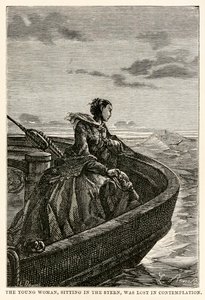 A jovem mulher, sentada na popa, foi perdida em contemplação, de Volta ao Mundo em Oitenta Dias por Jules Verne (1828-1905), gravada por Jean Louis Prevost, (1790-1850), 1873