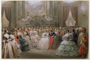 Rainha Vitória (1819-1901) e Príncipe Albert (1819-1861) em um jantar de gala oferecido por Napoleão III e Eugenie, 1853 (wc no papel)