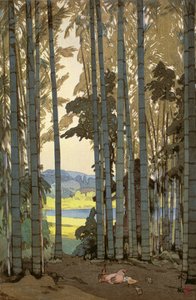 Galinhas na madeira de bambu (impressão a cores do bloco de madeira) de Hiroshi Yoshida
