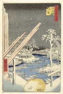 Pátio de madeira em Fukagawa Fukagawa kiba (título no objeto) Cem Faces Famosas em Edo (título da série) Meisho Edo hyakkei (título da série no objeto) de Hiroshige (I) , Utagawa