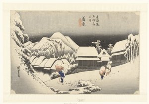 Kanbara, avondsneeuw
Kanbara, yoru no yuki (título sobre o objecto)
De 53 estações van de Tokaido (título da série)
Tokaido gojusan tsugi no uchi (título da série sobre o objecto) de Hiroshige (I) , Utagawa