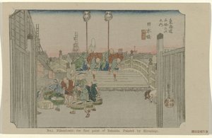 Nihonbashi
N.º 1. Nihonbashi: o primeiro ponto do Tokaido. Pintado por Hiroshige (título sobre o objecto)
De Tôkaidô van Hiroshige (título da série)
Hiroshige no fude Tôkaidô (título da série sobre o objecto) de Hiroshige (I) , Utagawa