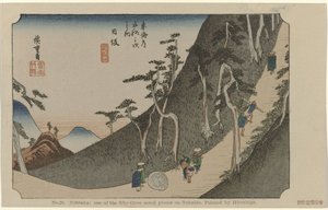 Nissaka Nº 26. Nissaka: um dos cinquenta e três lugares notáveis em Tokaido, pintado por Hiroshige (título no objeto) De Tôkaidô van Hiroshige (título da série) Hiroshige no fude Tôkaidô (título da série no objeto)