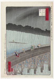 Chuva inesperada na ponte grande em Atake Ohashi Atake no yudachi (título no objeto) Seleção de 48 rostos em Edo (título da série) Senshutsu Edo yonjuhakkei (título da série no objeto) de Hiroshige (I) , Utagawa