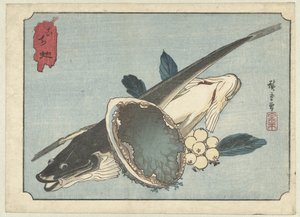 Platvissen, abalone en bessen
Kochi awabi (título sobre o objecto) de Hiroshige (I) , Utagawa