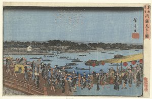 Fogos de artifício na ponte Ryogoku Ryogoku Bashi no hanabi no zu (título do objeto) Lugares famosos na Capital Oriental (título da série) Toto meisho (título da série no objeto)