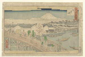 Nihonbashi (título no objeto) Lugares famosos em Edo (título da série) Edo meisho (título da série no objeto)