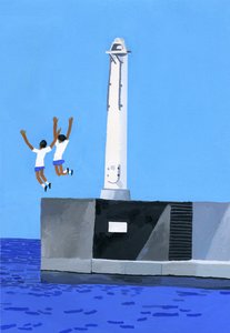 Uma rapariga a saltar no aterro de Hiroyuki Izutsu