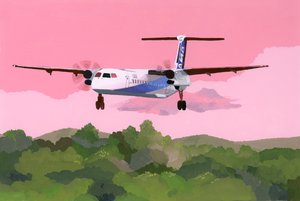 Aterragem de avião num pequeno aeródromo, 2015 (guache em papel) de Hiroyuki Izutsu