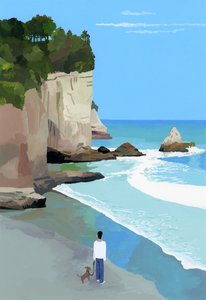 Costa tranquila com ondas e falésias de Hiroyuki Izutsu