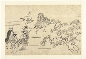 Cinco nobres e um servo a caminho de um piquenique Vendo Cherry Blossoms em Ueno (título da série) Ueno hanami no tei (título da série) de Hishikawa Moronobu (attributed to)
