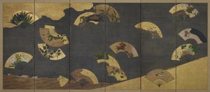 Fãs e nuvens sobre rochas e água, período Edo (tinta, cor, ouro e prata sobre papel)