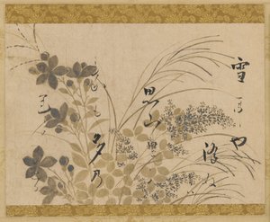 Flores, gramíneas e um poema, período Edo, 1615-1637.