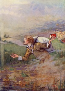 "Christian, por causa do fardo que trazia às costas, começou a afundar-se no lamaçal" (litografia a cores) de Honor Charlotte Appleton