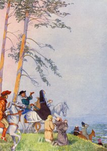 A primeira visão de Canterbury pelos peregrinos (litografia a cores) de Honor Charlotte Appleton