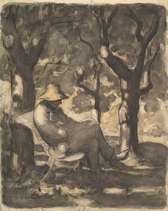 Um homem lendo em um jardim, 1825-79 (wc sobre giz preto, caneta e tinta, lavar e crayon) de Honoré Daumier