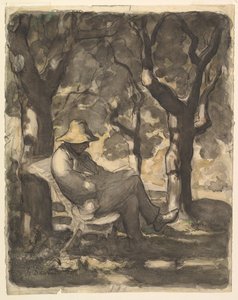 Um homem lendo em um jardim reto, Esboço preliminar de um homem lendo em um jardim v ..., ca. 1865 de Honoré Daumier