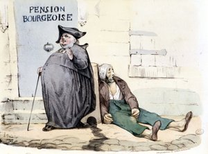 Um padre gordo e reputado ao lado de um pobre paciente deitado no chão - em "La Silhouette". de Honoré Daumier