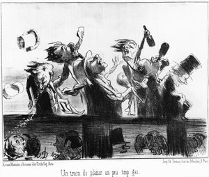 Um comboio divertido um pouco alegre demais: retirado de "Les trains de Plaisir", desenhos animados da série sobre os caminhos-de-ferro de Honore Daumier (1808-1879). "Charivari". de Honoré Daumier