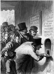 Uma janela do teatro. Cartoon de Honore Daumier (1808-1879). Gravura em "Le Monde Illustré" n°269 de 7 de Junho de 1862. de Honoré Daumier